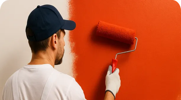 Painter painting an orange wall